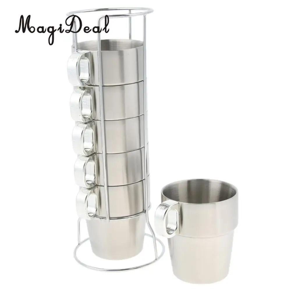 Stainless Steel Cups Water Tea Coffee Mugs with Stackable Rack Holder Outdoor Camping Hiking Picnic Bar Home Use