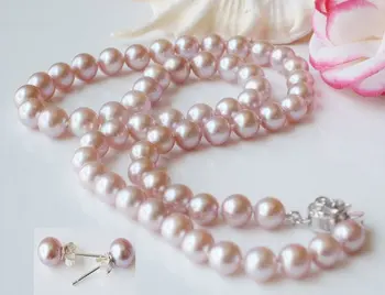 

6-7mm round lavender freshwater pearl necklace and earring studs jewelry set, solid 925 sterling silver clasps and findings