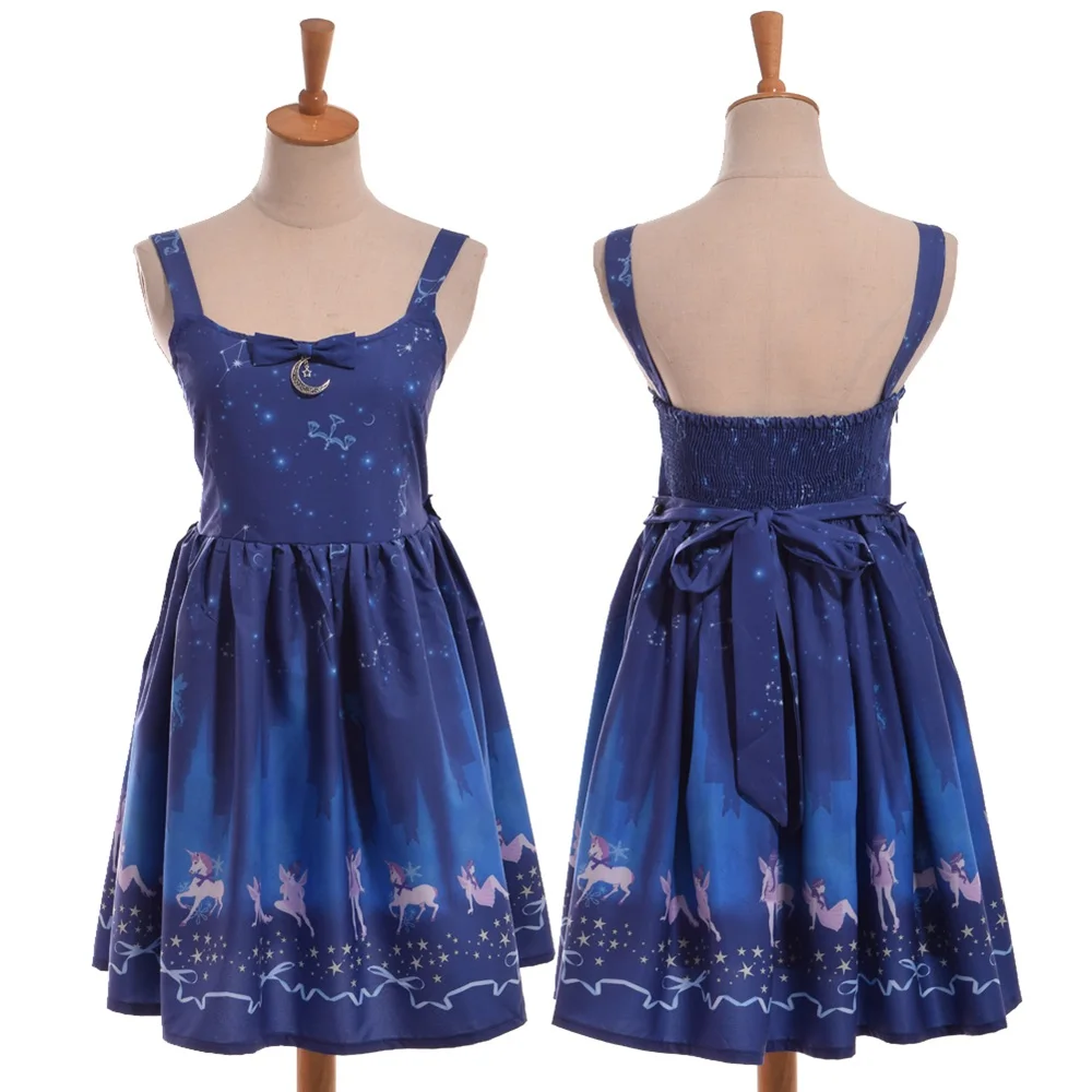 Fantasy Starry Print JSK Suspender Dress Girls Japanese Fairy Dark Blue Dress