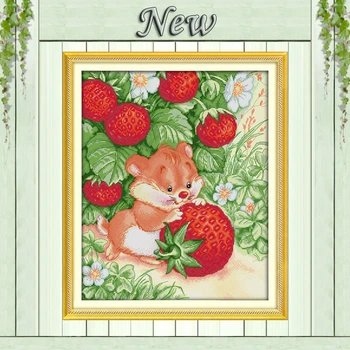 

Elephant rat picking strawberries,counted print on canvas DMC 11CT 14CT Cross Stitch kit,needlework Set embroider,animal & fruit