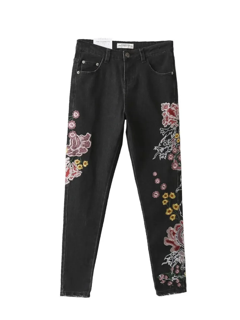 

Floral embroidery jeans female spring Autumn zipper straight denim pants jeans women Fashion pocket light blue trousers jeans