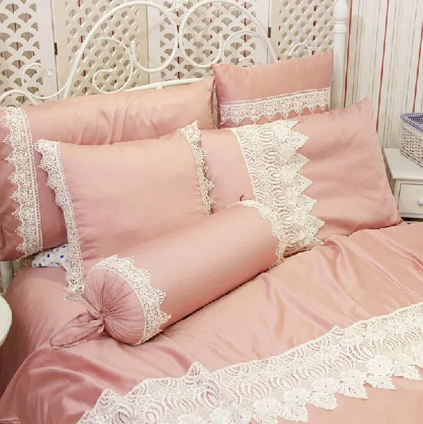 Princess pink lace edge bedding set girl,twin full queen king cotton