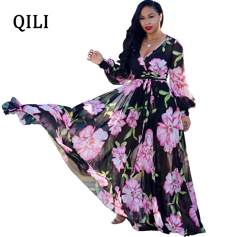 

QILI Boho Chiffon Dress V Neck Long Sleeve Printed Loose Long Maxi Dresses Summer Women Casual Beach Dress Plus Size S-5XL
