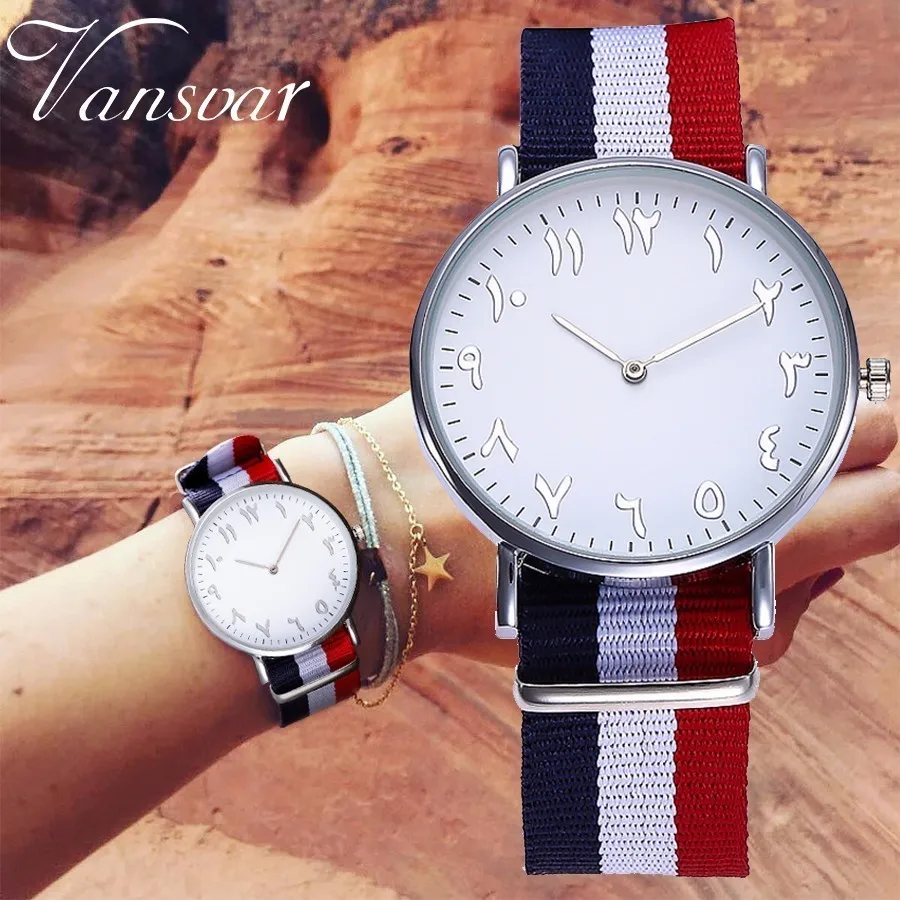 

Vansvar Brand Women Men Arabic Numbers Watches Luxury Nylon Strap Silver Watch Quartz Watch Gift Clock Reloj Mujer