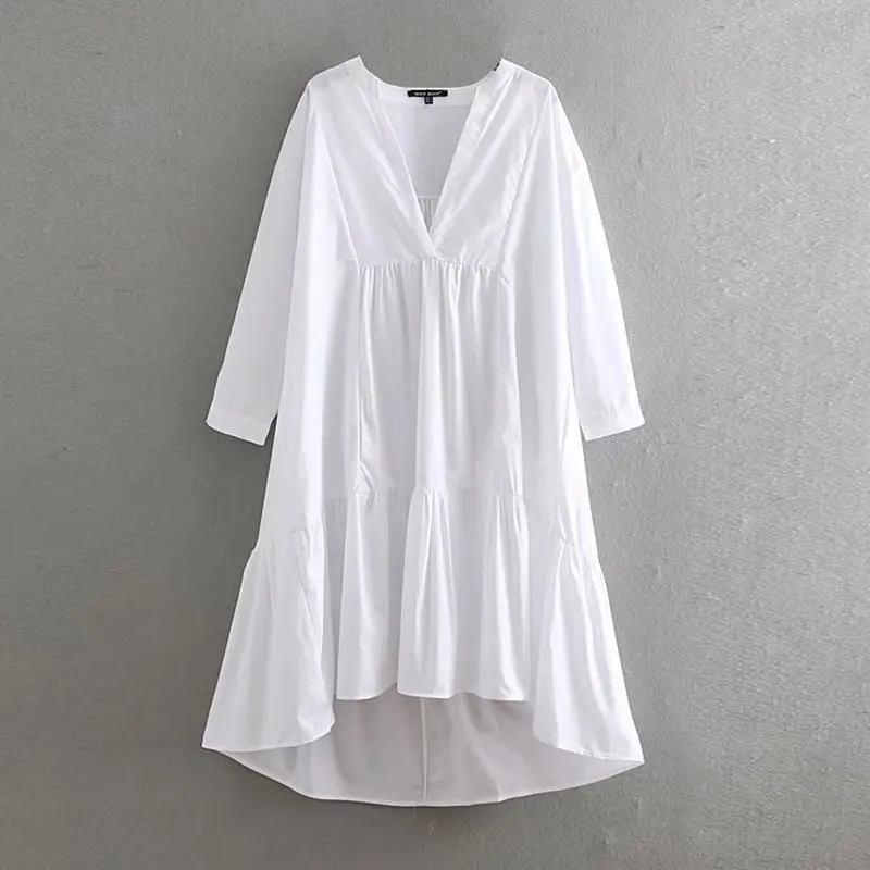 

[EWQ] 2019 Summer New Pattern Office Lady Style All-Match Loose A-line Solid Color Full Sleeve Knee Length V Collar Dress AF806