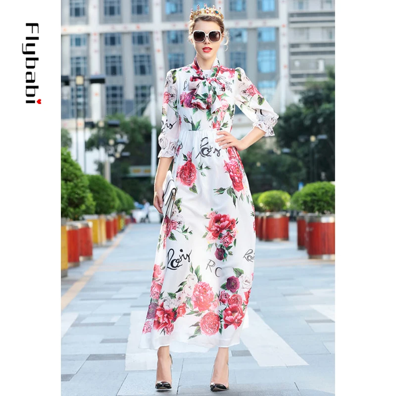 

Elegant 2018 Autumn New Arrival Peony flowers Print Half Lantern Sleeve O-Neck A-Line Streetwear Dress Women beach party dress