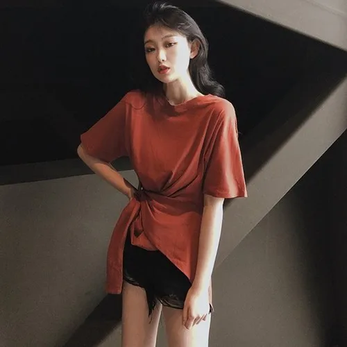orange t shirt Korobov Новое поступление Кружевная футболка с бантом корейские Женские однотонные футболки с коротким рукавом Летние повседневные футболки с круглым вырезом Mujer 77206 - Цвет: orange t shirt