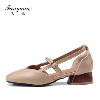 

Fanyuan Fashion Elegant Ankle Strap Party Shoes Women Shoes Concise Square Toe Pumps Spring Comfort Buckle Strap Mid Heels