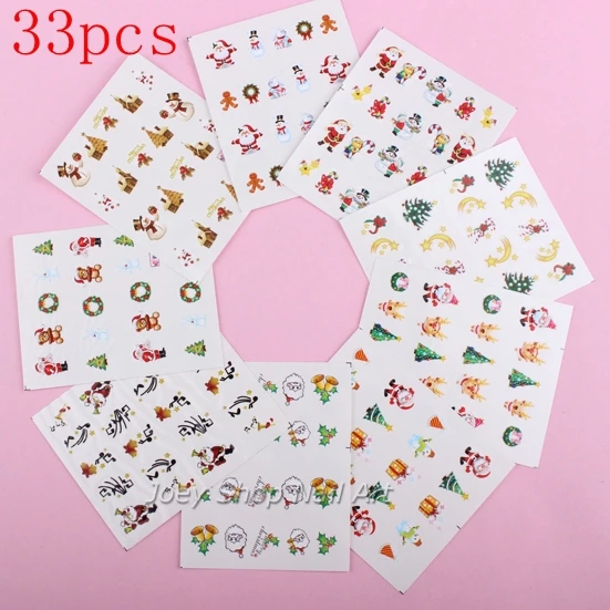 

33pcs Christmas Nail Decals Stickers Nail Art Water Slide Decals Transfers Christmas Tree Santa Snowman Gift Cute