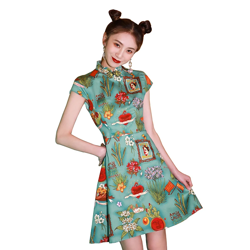 Плюс cheongsam зеленое традиционное Короткое женское платье в китайском стиле женское элегантное платье из искусственного шелка qipao vestidos