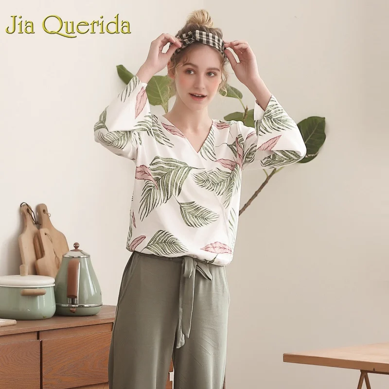 Pjs Beach Style Women Pajamas Set 2020 New Spring Trendy Pj Set Leisure Home Wear Lingerie Pajama 100% Cotton Floral Sleepwear