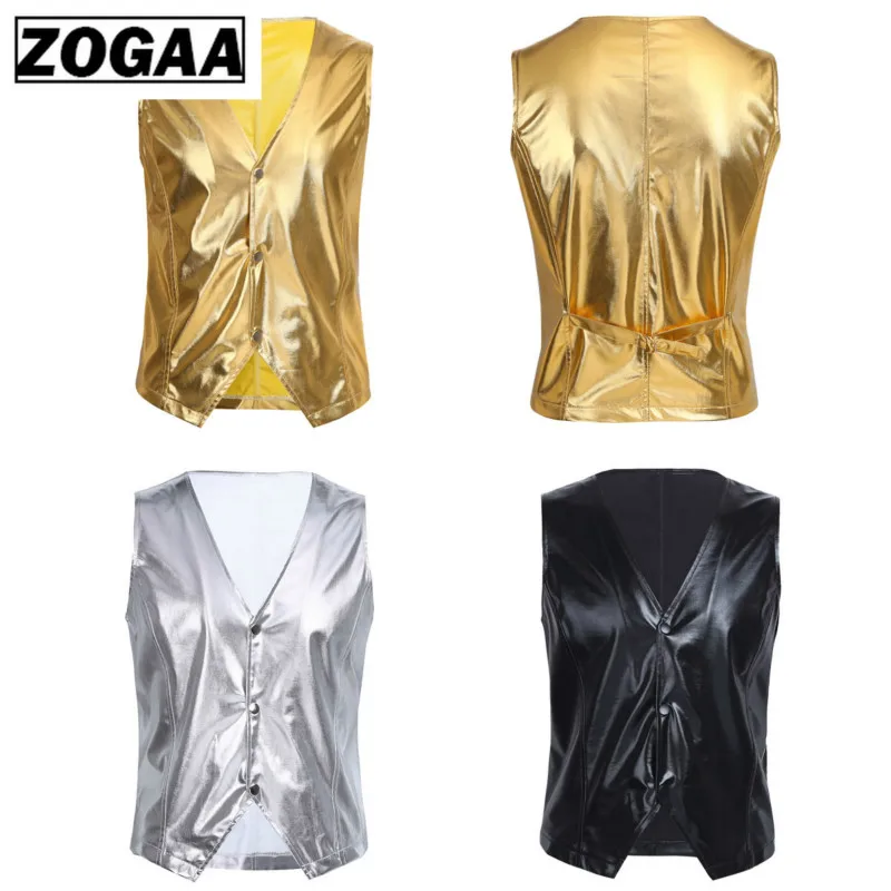 ZOGGA 3 Color Soft Leather Men Vest Tops Snap Buttons Shiny Sexy Waistcoat Jacket Nightclub Party Stage Vest Men Leisure Suits