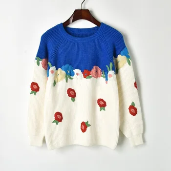

Winter Thick Knitted Pullover 2018 New Long Sleeve Flower Embroidery Block Novelty Cute Sweater Women Casual Sweet Jumper