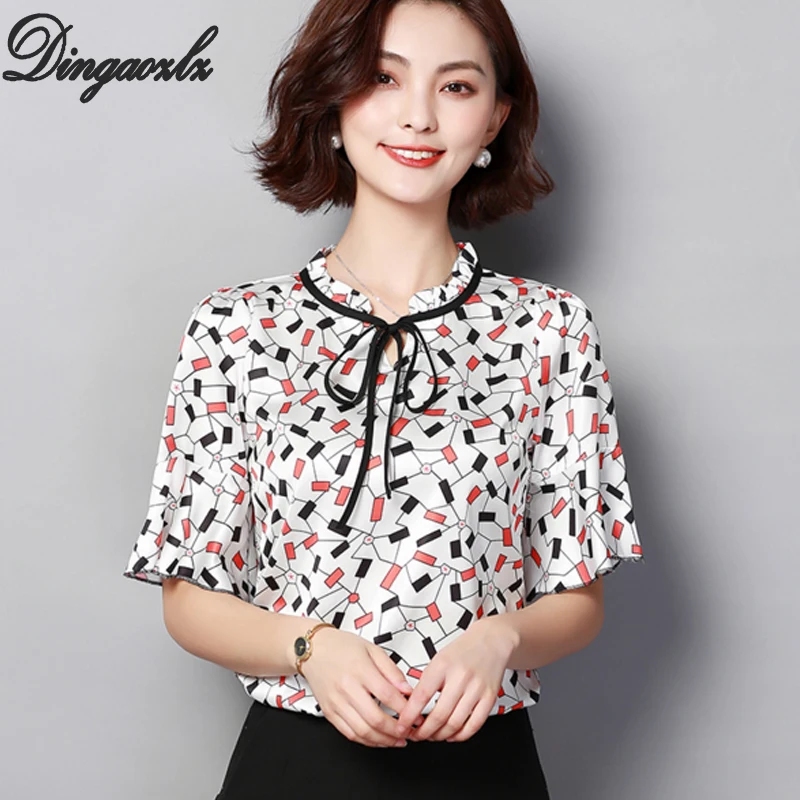 

Dingaozlz 2019 new korean fashion short sleeve chiffon blouse casual tops women clothing printed bow chiffon shirt plus size