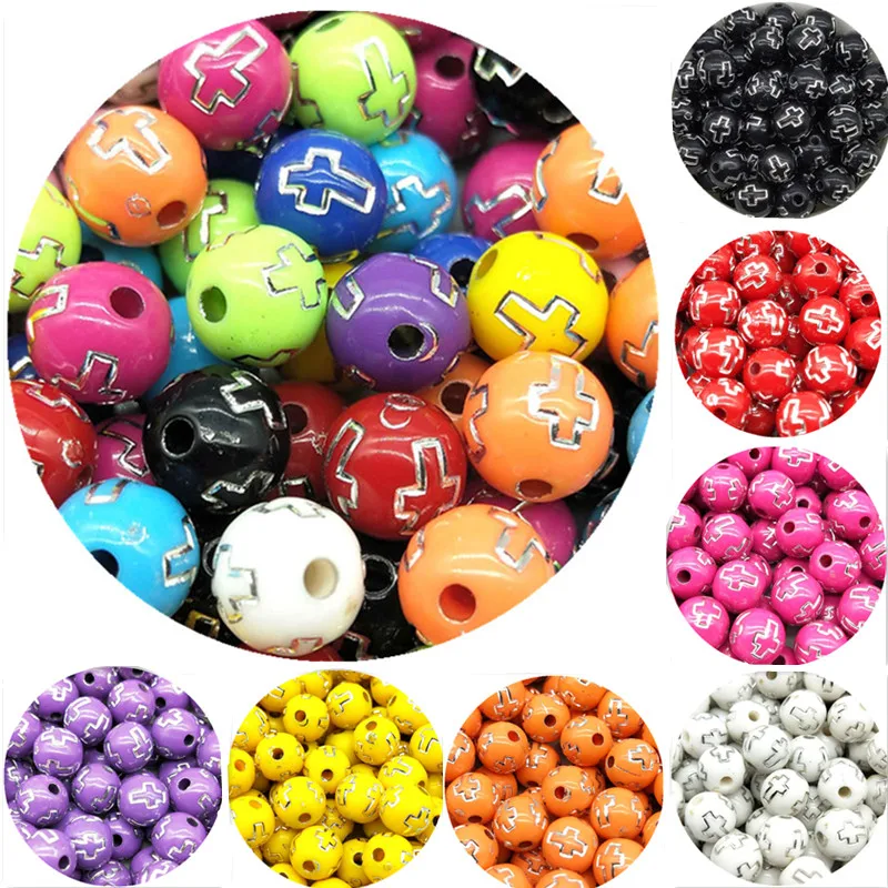 

100pcs/lot 8mm Cheap Fashion Beads Round Acrylic Beads Cross Pattern For Necklace Bracelet 11 Color Jewelry DIY Accessories Gift