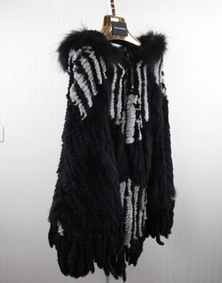 Cheap 2014  Real Rabbit Fur Knitted Shawl With Hood  Raccoon Fur Poncho Fur Cape  BE1438 EMS Free Shipping 5