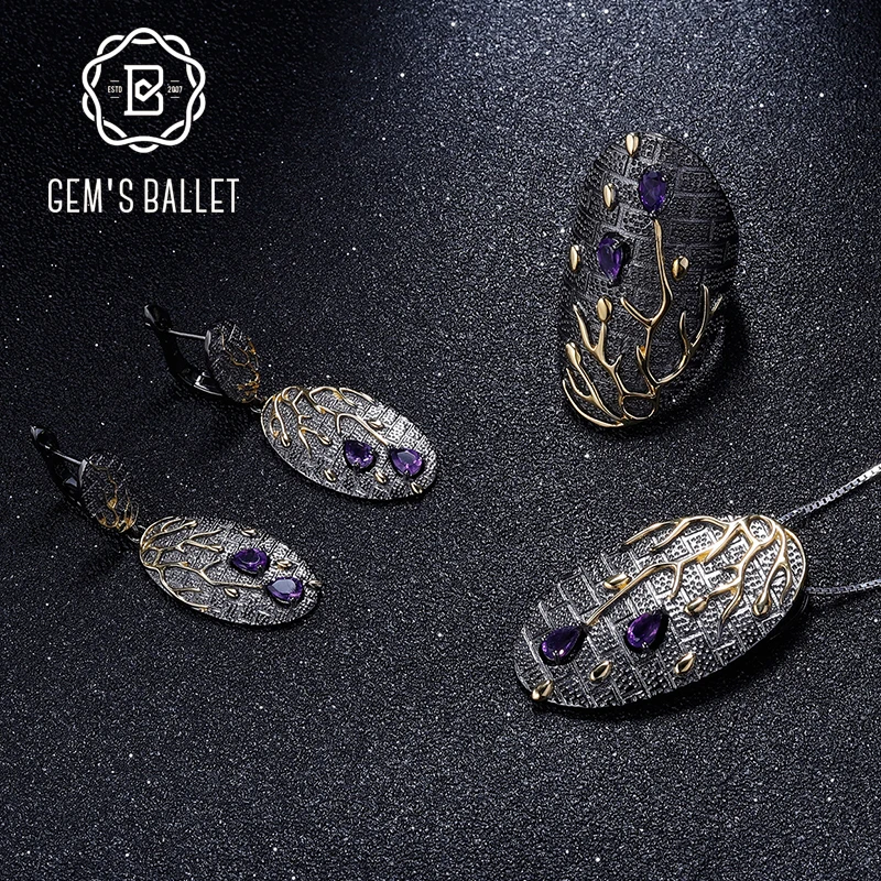 

GEM'S BALLET 925 Sterling Silver Floral Ring Earrings Pendant Sets Natural Amethyst Handmade Branch Jewelry Set For Women