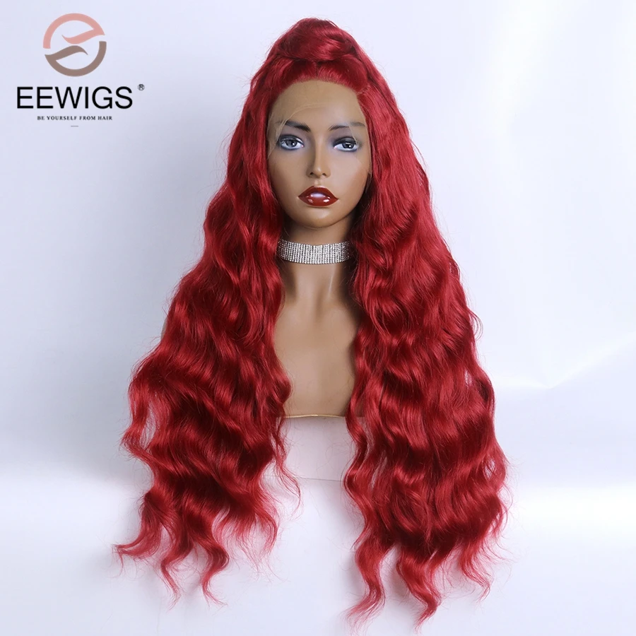 EEWIGS 180% Плотность Красный синтетический парик на кружеве с жаростойким волокном 26 дюймов парики с глубокими волнами для черных женщин