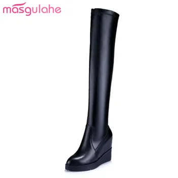 

Masgulahe autumn winter boots women shoes height increasing thigh high boots sexy stretch fabric+genuine leather boots for lady