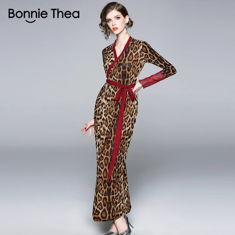 Ceny Bonnie thea kobiety sexy Leopard jesień sukienka płaszcza elegancka sukienka maxi boho bodycon sukienek formalna moda vestido 2018