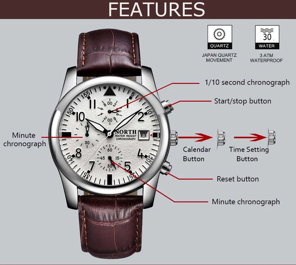 Роскошные Лидирующий бренд North мужские нарядные часы многофункциональный хронограф из натуральной кожи мужские часы водонепроницаемые повседневные деловые часы