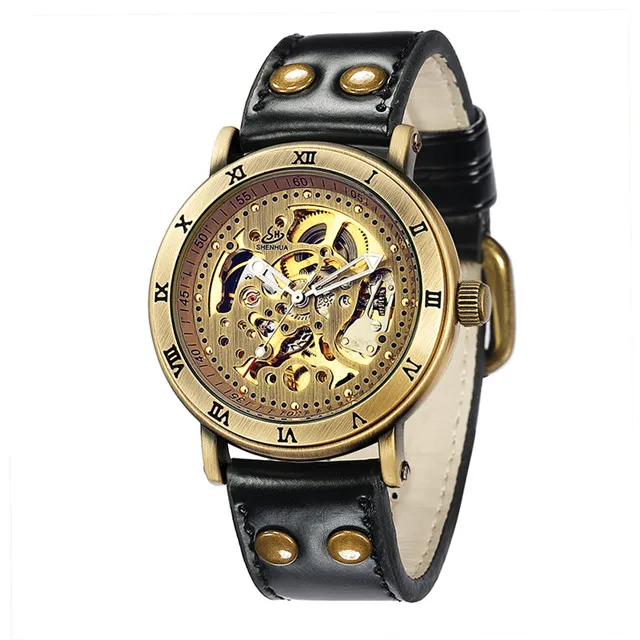 Ретро полый Скелет автоматические механические часы мужские стимпанк Бронзовый кожаный бренд Уникальные самовзводные механические наручные часы - Цвет: Black Band