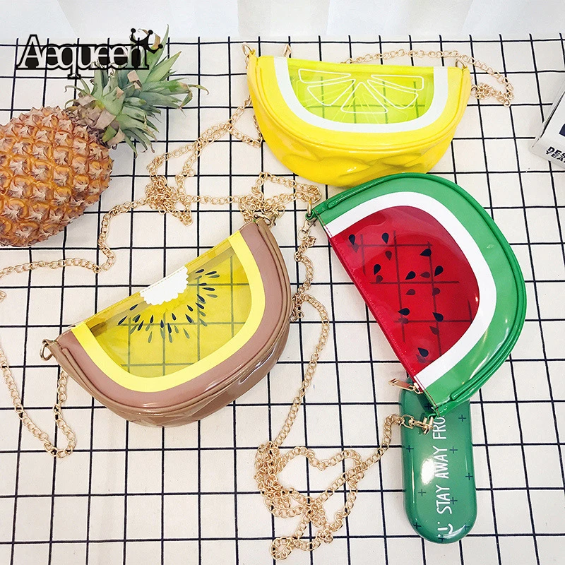 

AEQUEEN Cute Fruit Chain Bag Clear PVC Jelly Bag 3D Watermelon Lemon Messenger Bags Women Handbags Mini Crossbody Bag For Girls