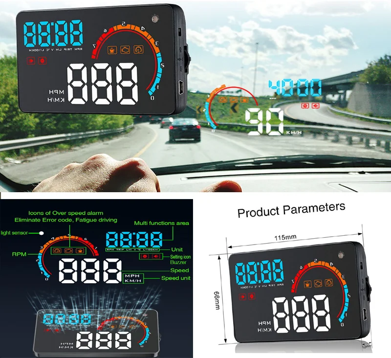 Автомобильный HUD OBD2 проектор мульти Цвет цифровой спидометр проводной диагностический головой вверх Дисплей " D2000