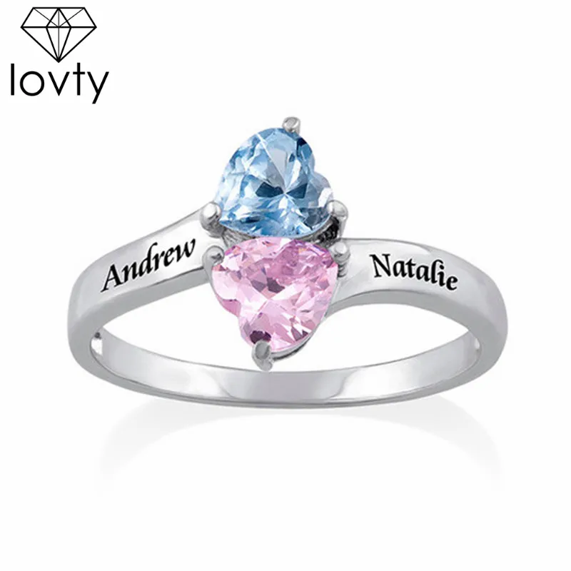

lovty Heart Engraved Name Engagement Rings with 2 Birthstones Personalized Custom Promise Ring for Women Fashion Jewelry