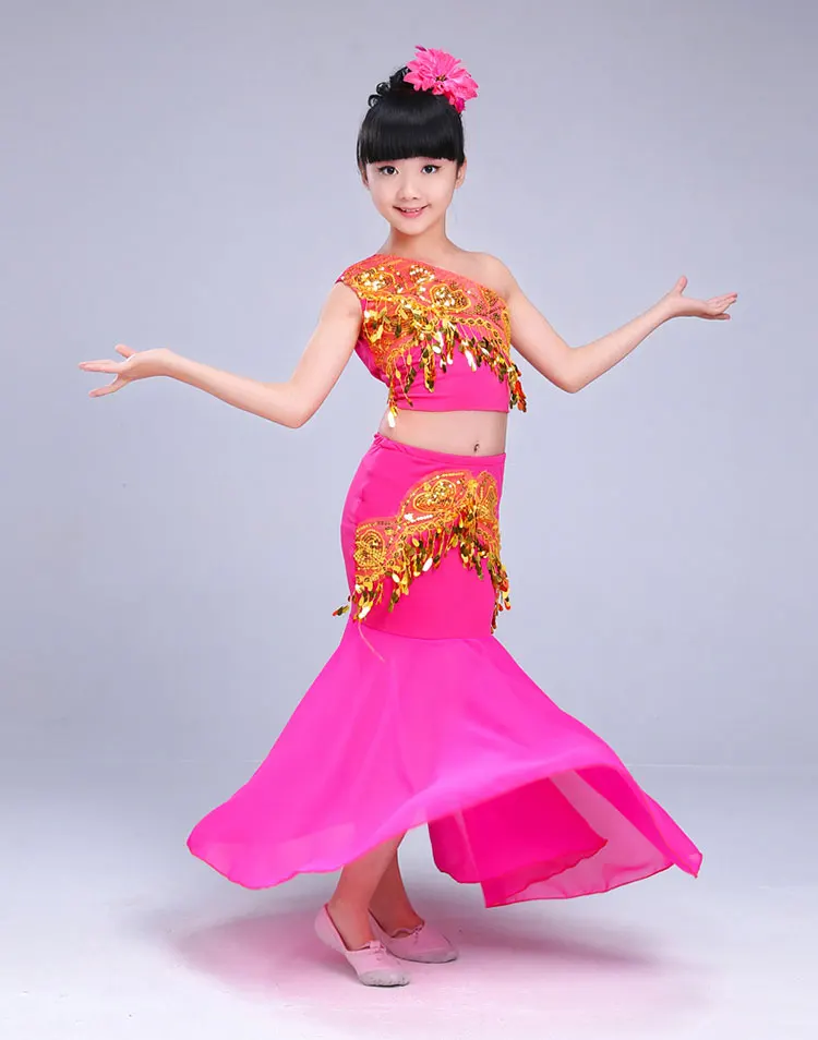Children Indian Traditional Dress Sequins Belly Dance Costume For Girls Peacock Kids Dai Fish Tail Leotard Girl Dancewear