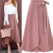 Женская длинная шифоновая юбка с поясом и рюшами размера плюс, розовая, с бантом, с высокой талией, с разрезом, асимметричные, макси юбки для женщин, летняя, офисная, 6XL