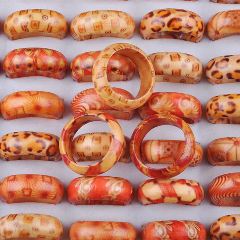 10pcs Wholesale Jewelry Lots Natural Wood Mixed Color Rings Fashion Bulk Finger Band Ring for Women Accessories | Украшения и