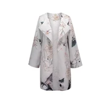 Queenus women coats spring gray floral prints loose wrapped mid length patchwork lapel spliced long sleeve women casual coat
