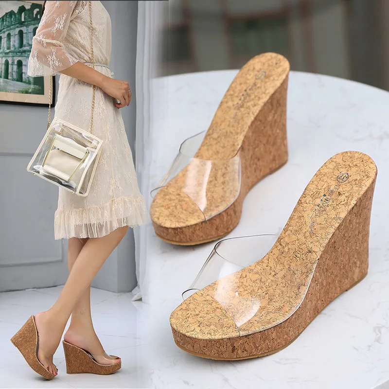 

Female Summer 2019 Leather Wedge Heel Ladies With Rhinestones Water Heels Pvc Clogs Platform Clear Slides Slippers Toe New