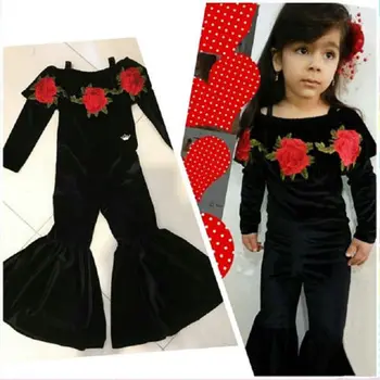 

2018 New Spring Fall Kids Girls Flower Black Velvet Long Sleeve Flared Romper Jumpsuit Playsuit Infant One-Pieces Outfit Clothes