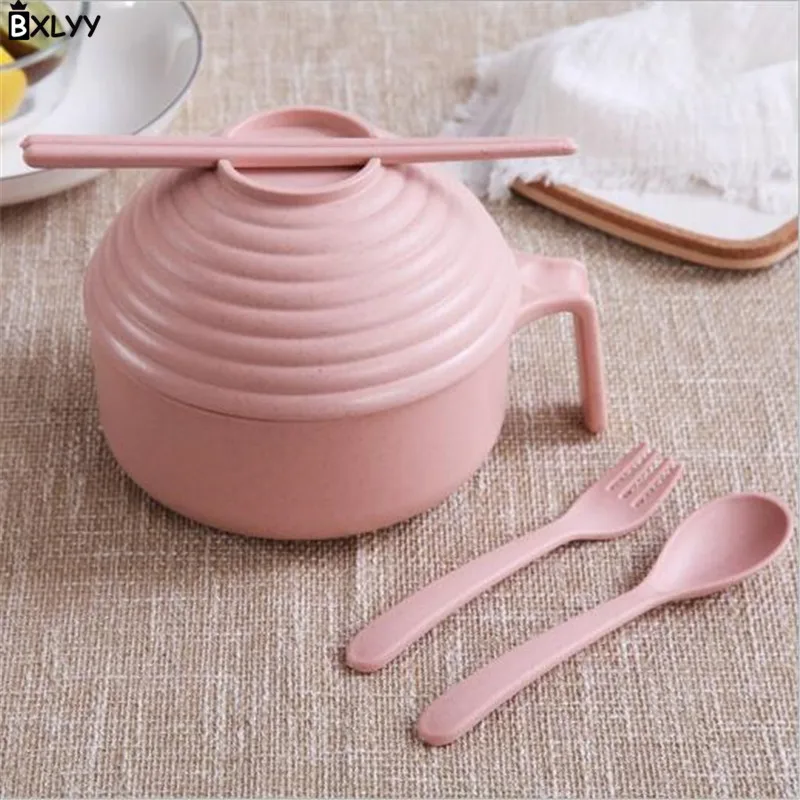 BXLYY пшеничная соломенная чаша для лапши быстрого приготовления с крышкой Ложка Вилка палочки для еды набор портативная посуда Ланч-бокс кухонный гаджет Gift.6z - Цвет: Розовый