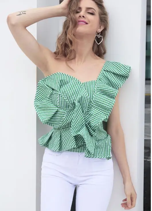 

Flouncing One Shoulder Long Sleeve Tshirt Diagonal Stripe Irregular Shirt Tops