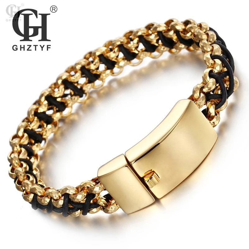 

Genuine Leather Bracelet Men Stainless Steel Chain Bracelets & Bangles Jewelery Mens Punk Rock Link Jewelry Pulseira Masculina