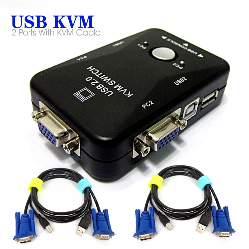 

2 USB 2.0 Port KVM Switch Box Mouse / Keyboard / VGA Video With 2 KVM Cables