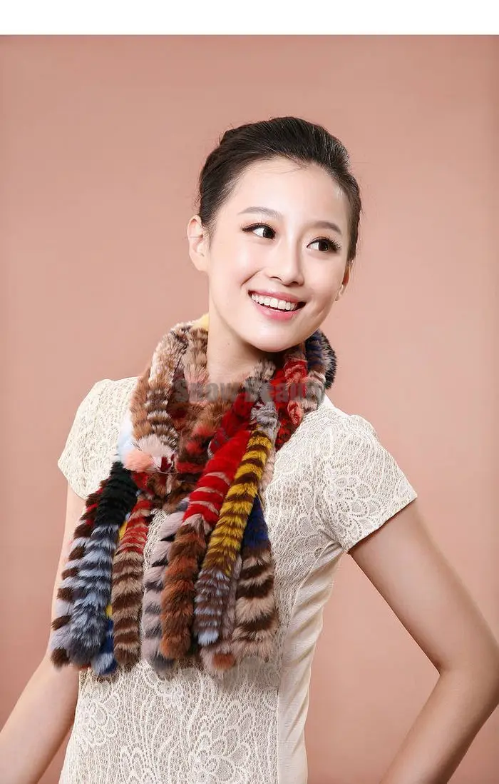 Женские вязаные шарфы из натурального кроличьего меха, цветные женские шарфы с кисточками, женские зимние модные разноцветные шарфы