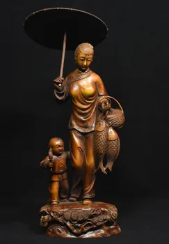 

wedding decoration 9" Chinese Folk Boxwood Wood woman Belle Boy Fish visit the parental home Statue