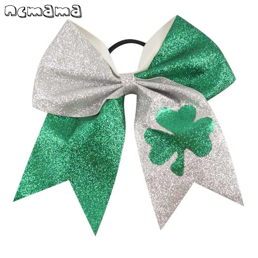 

7" St. Patrick Large Cheer Bow With Band Glitter Clover Printed Hairbands Silver Green Hair Bands For Girls Hair Accessories
