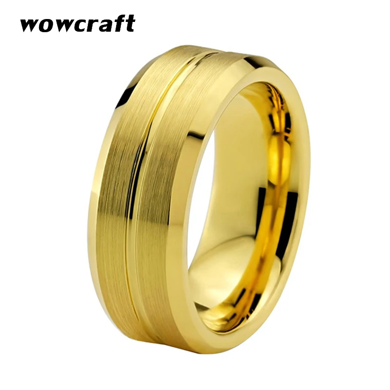 Three Keys Jewelry 8mm Tungsten Wedding Band - Gold Beveled Edge With Groove Design - View #13