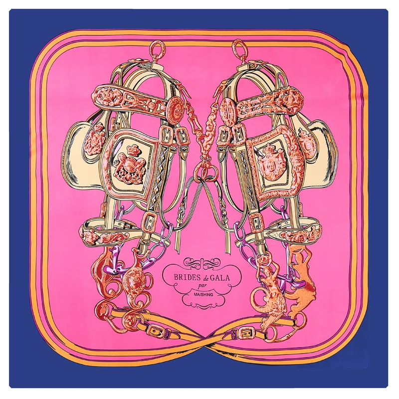 

Luxury Brand Scarf Women Hijab Saddle Silk Scarves Pink&Navy Blue Shawls Accessories For Dress New Year Designer Wrap 110*110cm