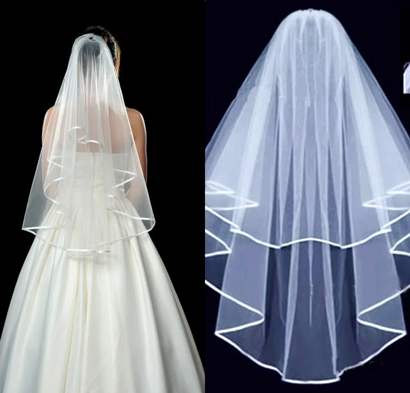 

Real Photo Two Layers White/Ivory Bride Shawl Veil Ribbon Edge Mantilla Bridal Veil Accessories Veu De Noiva EE9011