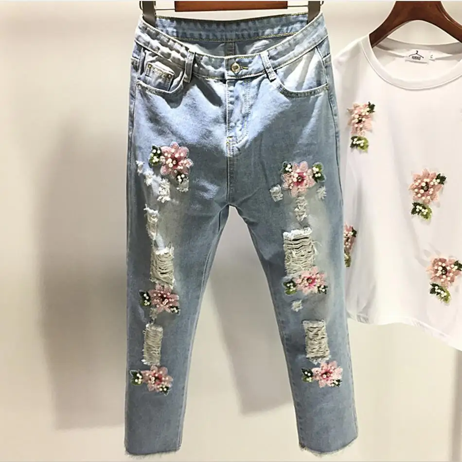 2018 летние новые модные свободные джинсы с вышивкой шаровары отверстие бисером женские джинсы Большие размеры