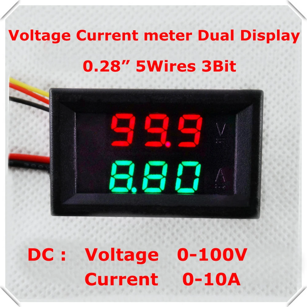 RD DC 0-100 V/10A светодиодный дисплей красный+ зеленый 0,28 Цифровой амперметр вольтметр 5 провод 3 Бит автомобильный измеритель напряжения тока [4 шт./партия]