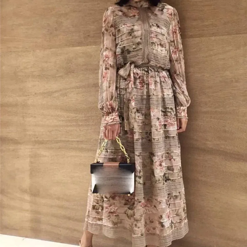 

2019 Fashion Spring New Silk Dress Women Lace Stitching Tie Elegant Floral High Collar High Waist Long Dress