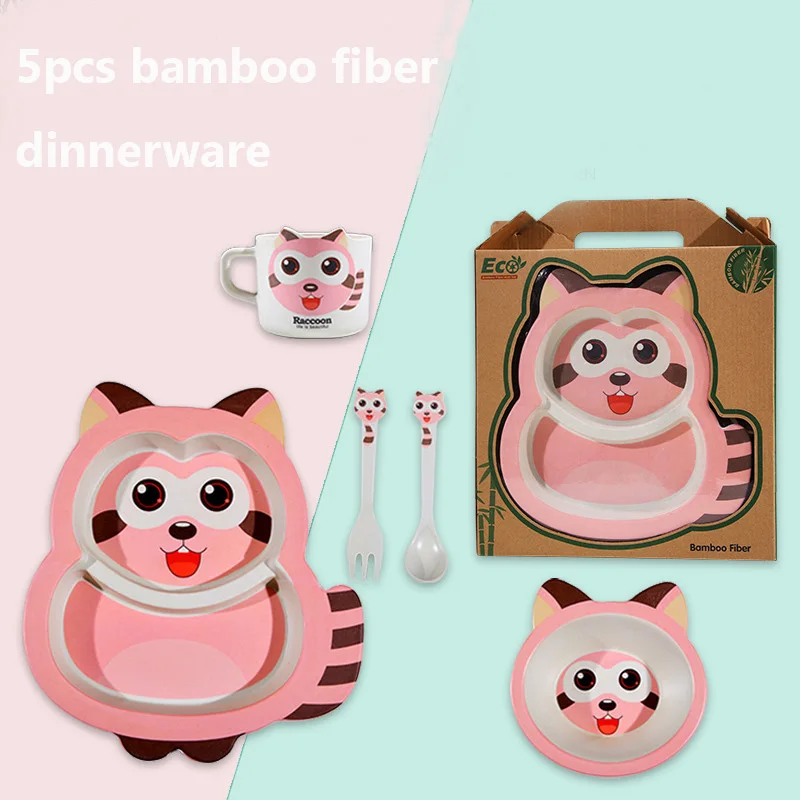 

Baby Cute carton dinnerware set raccoon kids bamboo fiber plate set baby feeding set
