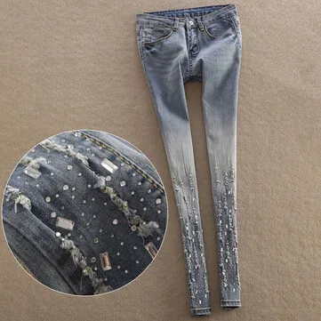 

2016 casual sparkling diamond beading slim denim skinny pants women jeans